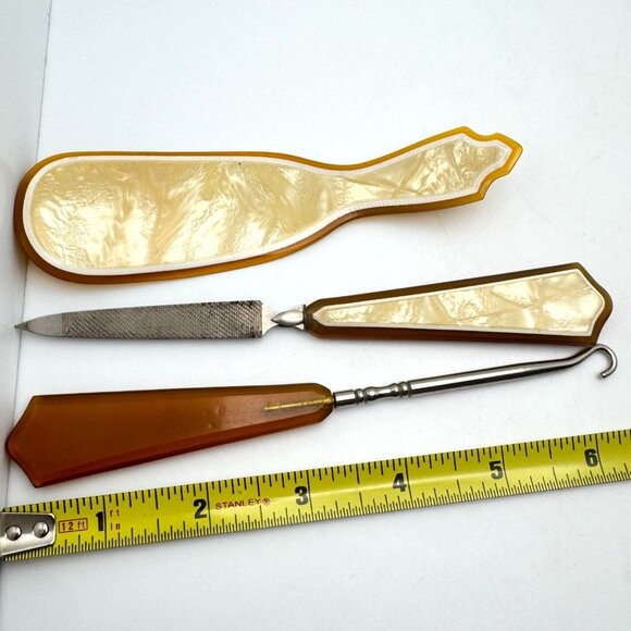 Deco Wilcox Vanity Set Comb Box Hook File Shoe Horn Mirror Celluloid Bakelite - Picture 7 of 15